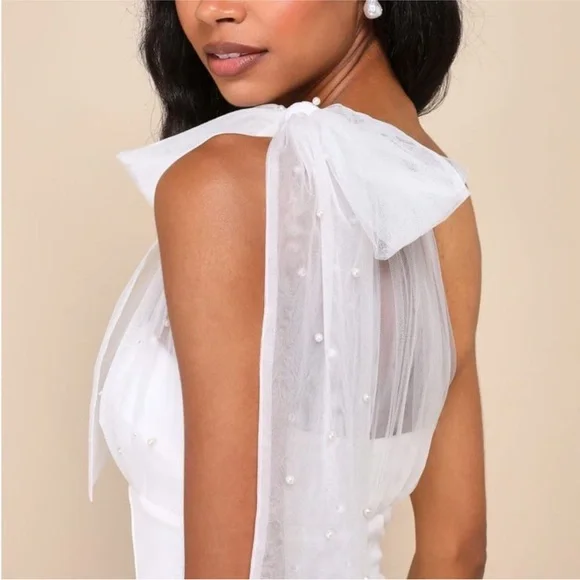 Lulu’s Elegant White Midi Dress with Pearl Shoulder Detail - Picture 4 of 8